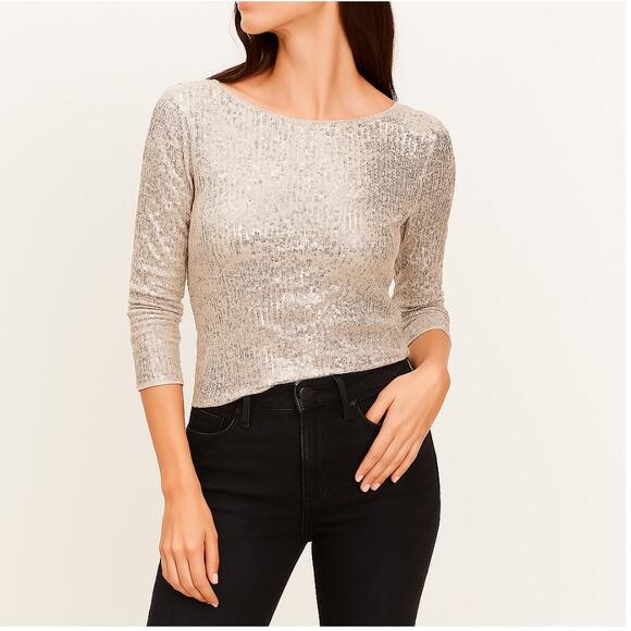 LOFT Champagne Sequin Long-Sleeve Tee Size Small NWT✨🎉🥂 - Picture 5 of 9